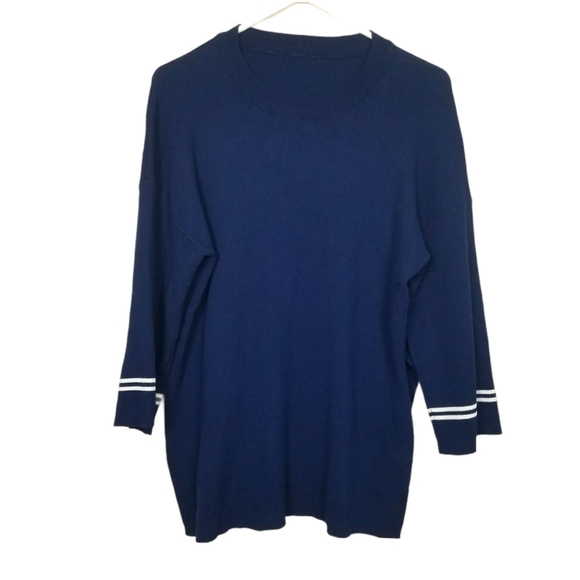 Boutique Navy White Boatneck Split Hem Sweater M - Picture 1 of 6